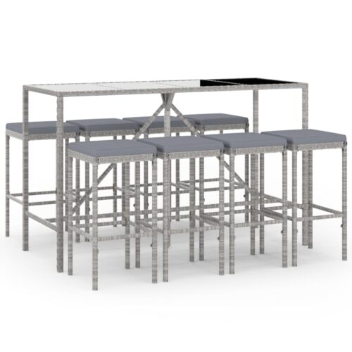 9-Piece Garden Bar Set with Cushions Grey Poly Rattan Wicker Outdoor Patio Furniture
