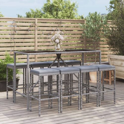 9-Piece Garden Bar Set with Cushions Grey Poly Rattan Wicker Outdoor Patio Furniture - Image 2