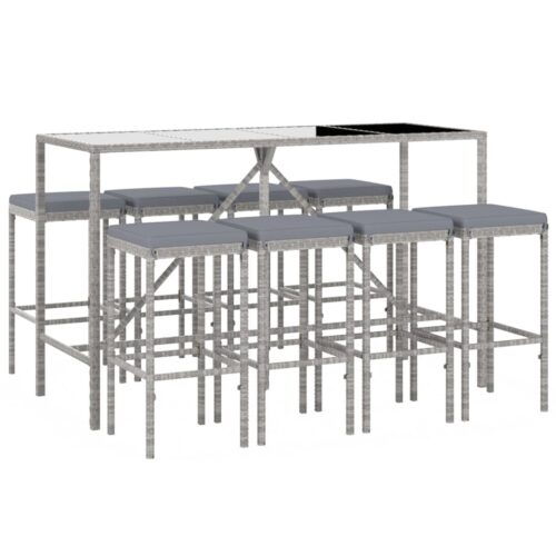 9-Piece Garden Bar Set with Cushions Grey Poly Rattan Wicker Outdoor Patio Furniture - Image 3