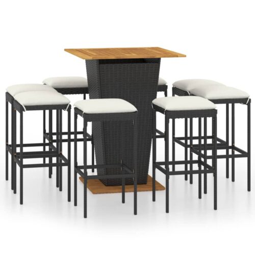 9-Piece Garden Bar Set with Cushions Poly Rattan Wicker Outdoor Patio Furniture Black