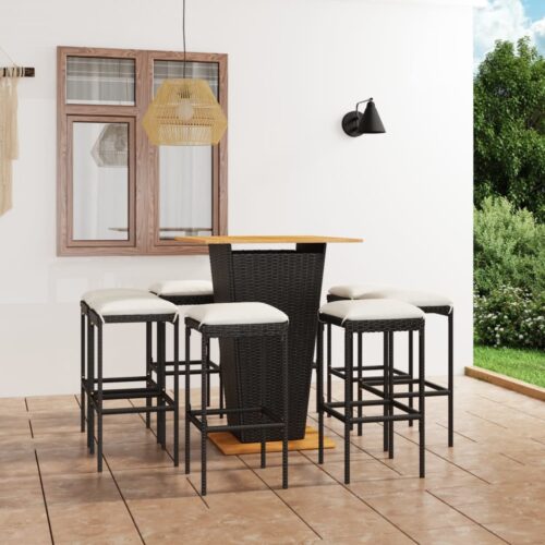 9-Piece Garden Bar Set with Cushions Poly Rattan Wicker Outdoor Patio Furniture Black - Image 2