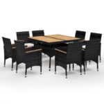 9-Piece Garden Dining Set Poly Rattan Wicker Outdoor Patio Furniture Acacia Wood Black