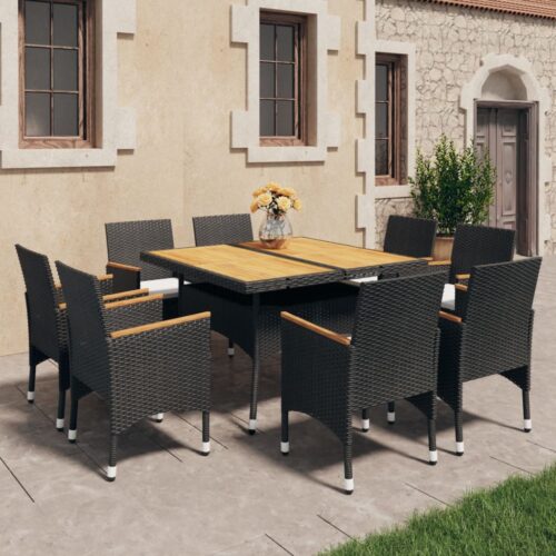 9-Piece Garden Dining Set Poly Rattan Wicker Outdoor Patio Furniture Acacia Wood Black - Image 2