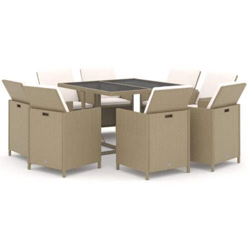 9-Piece Garden Dining Set with Cushions Poly Rattan Wicker Outdoor Patio Furniture Beige