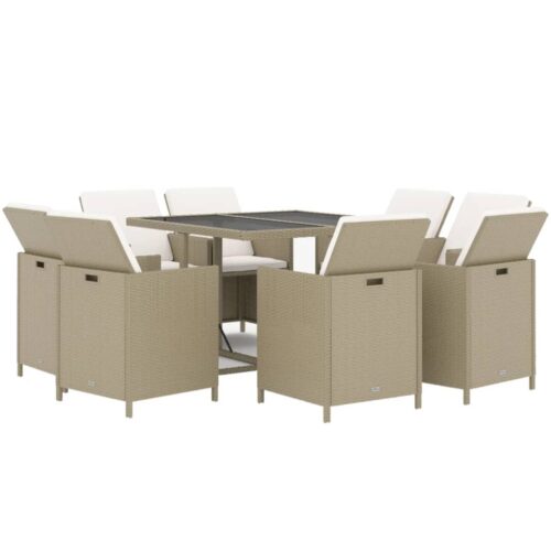 9-Piece Garden Dining Set with Cushions Poly Rattan Wicker Outdoor Patio Furniture Beige - Image 3