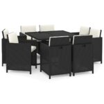 9-Piece Garden Dining Set with Cushions Poly Rattan Wicker Outdoor Patio Furniture Black