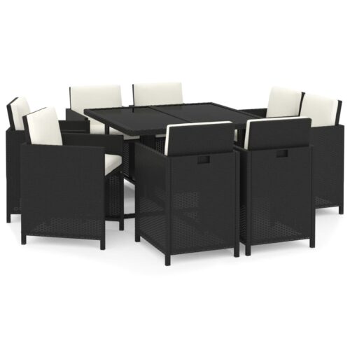 9-Piece Garden Dining Set with Cushions Poly Rattan Wicker Outdoor Patio Furniture Black