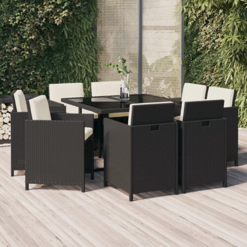 9-Piece Garden Dining Set with Cushions Poly Rattan Wicker Outdoor Patio Furniture Black - Image 2