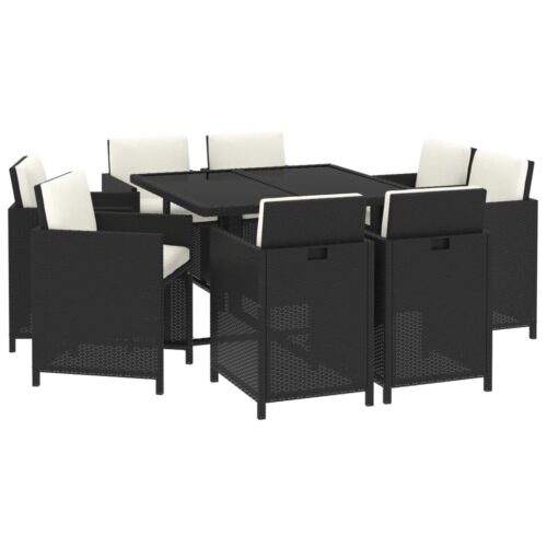 9-Piece Garden Dining Set with Cushions Poly Rattan Wicker Outdoor Patio Furniture Black - Image 3