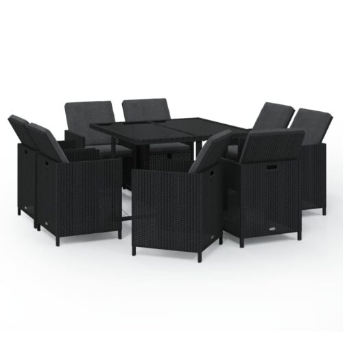 9-Piece Garden Dining Set with Cushions Poly Rattan Wicker Outdoor Patio Furniture Black