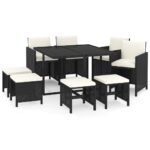 9-Piece Garden Dining Set with Cushions Poly Rattan Wicker Outdoor Patio Furniture Black