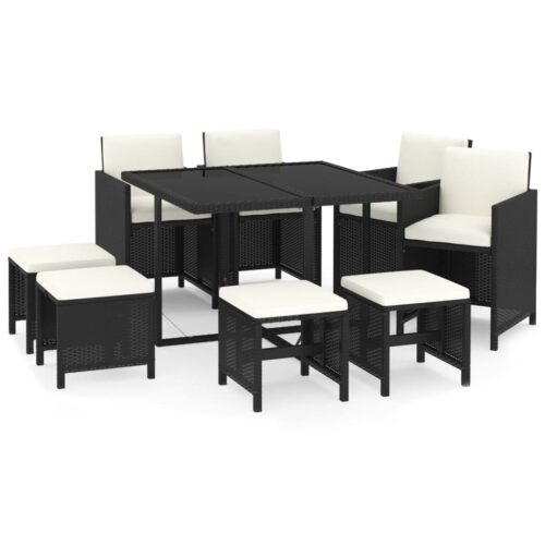 9-Piece Garden Dining Set with Cushions Poly Rattan Wicker Outdoor Patio Furniture Black
