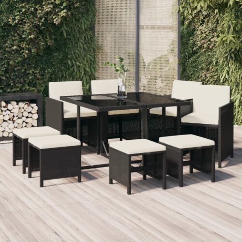 9-Piece Garden Dining Set with Cushions Poly Rattan Wicker Outdoor Patio Furniture Black - Image 2