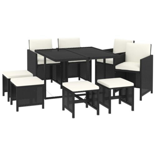 9-Piece Garden Dining Set with Cushions Poly Rattan Wicker Outdoor Patio Furniture Black - Image 3