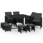 9-Piece Garden Dining Set with Cushions Poly Rattan Wicker Outdoor Patio Furniture Black