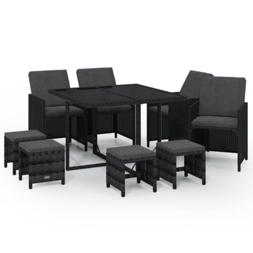 9-Piece Garden Dining Set with Cushions Poly Rattan Wicker Outdoor Patio Furniture Black
