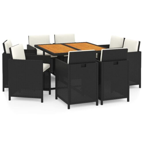 9-Piece Garden Dining Set with Cushions Poly Rattan Wicker Outdoor Patio Furniture Black