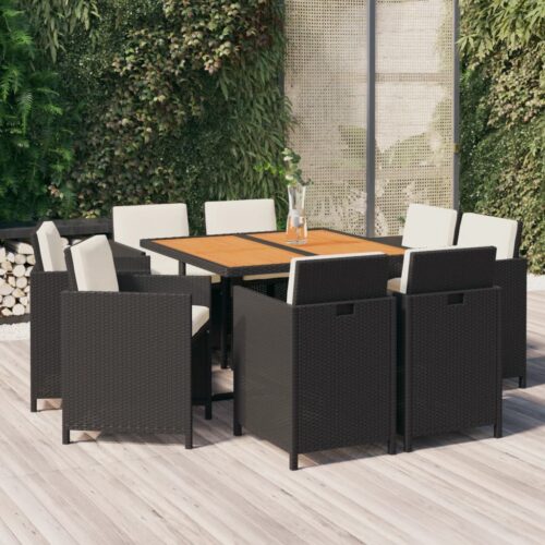 9-Piece Garden Dining Set with Cushions Poly Rattan Wicker Outdoor Patio Furniture Black - Image 2
