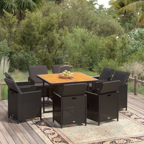 9-Piece Garden Dining Set with Cushions Poly Rattan Wicker Outdoor Patio Furniture Black - Image 2