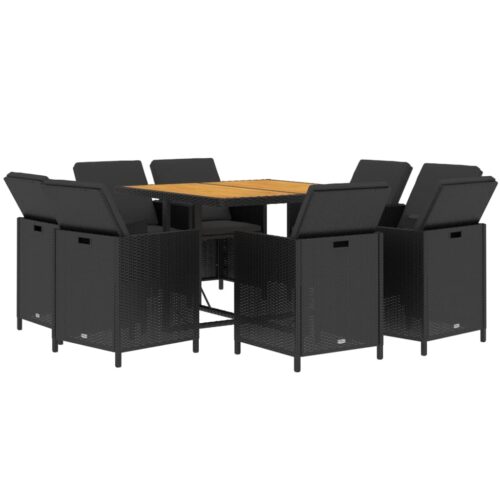 9-Piece Garden Dining Set with Cushions Poly Rattan Wicker Outdoor Patio Furniture Black - Image 3