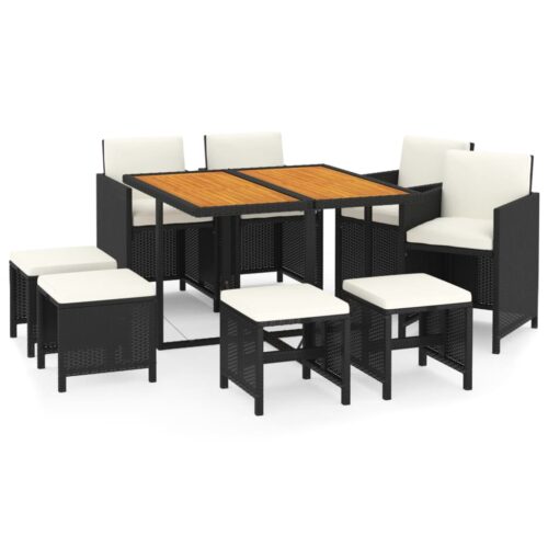 9-Piece Garden Dining Set with Cushions Poly Rattan Wicker Outdoor Patio Furniture Black