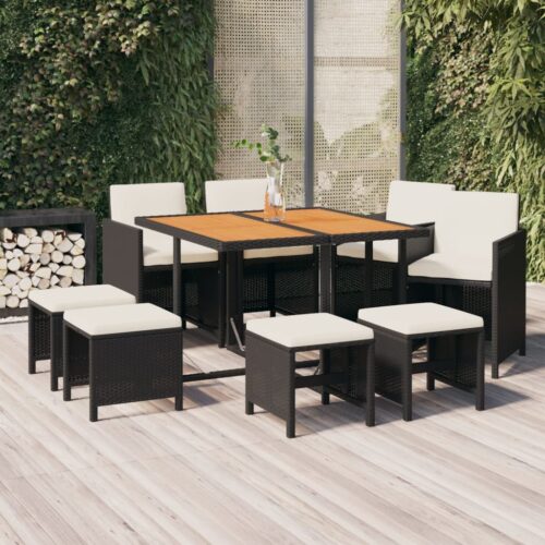 9-Piece Garden Dining Set with Cushions Poly Rattan Wicker Outdoor Patio Furniture Black - Image 2
