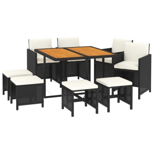 9-Piece Garden Dining Set with Cushions Poly Rattan Wicker Outdoor Patio Furniture Black - Image 3