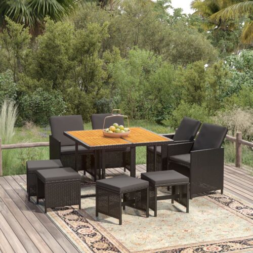 9-Piece Garden Dining Set with Cushions Poly Rattan Wicker Outdoor Patio Furniture Black - Image 2