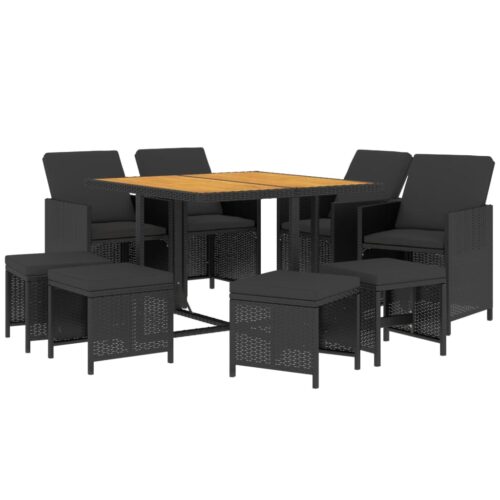 9-Piece Garden Dining Set with Cushions Poly Rattan Wicker Outdoor Patio Furniture Black - Image 3