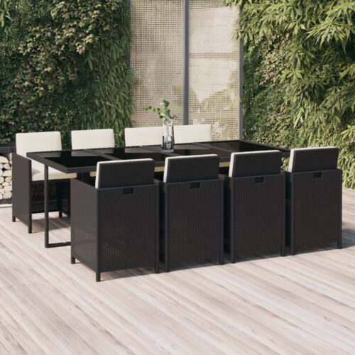 9-Piece Garden Dining Set with Cushions Poly Rattan Wicker Outdoor Patio Furniture Black - Image 2