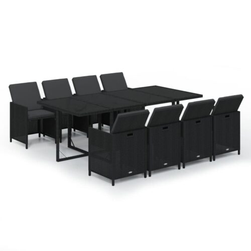 9-Piece Garden Dining Set with Cushions Poly Rattan Wicker Outdoor Patio Furniture Black