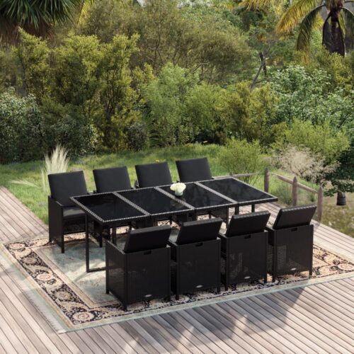 9-Piece Garden Dining Set with Cushions Poly Rattan Wicker Outdoor Patio Furniture Black - Image 2