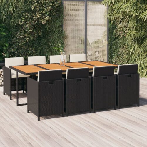 9-Piece Garden Dining Set with Cushions Poly Rattan Wicker Outdoor Patio Furniture Black - Image 2