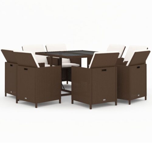 9-Piece Garden Dining Set with Cushions Poly Rattan Wicker Outdoor Patio Furniture Brown