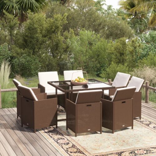 9-Piece Garden Dining Set with Cushions Poly Rattan Wicker Outdoor Patio Furniture Brown - Image 2