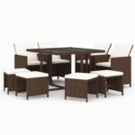 9-Piece Garden Dining Set with Cushions Poly Rattan Wicker Outdoor Patio Furniture Brown