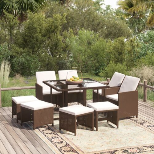 9-Piece Garden Dining Set with Cushions Poly Rattan Wicker Outdoor Patio Furniture Brown - Image 2