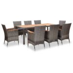 9-Piece Garden Dining Set with Cushions Poly Rattan Wicker Outdoor Patio Furniture Grey