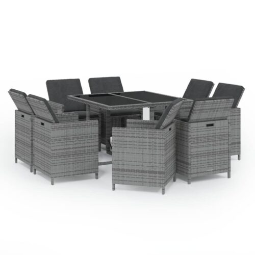 9-Piece Garden Dining Set with Cushions Poly Rattan Wicker Outdoor Patio Furniture Grey