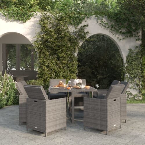 9-Piece Garden Dining Set with Cushions Poly Rattan Wicker Outdoor Patio Furniture Grey - Image 2