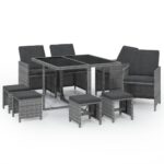 9-Piece Garden Dining Set with Cushions Poly Rattan Wicker Outdoor Patio Furniture Grey