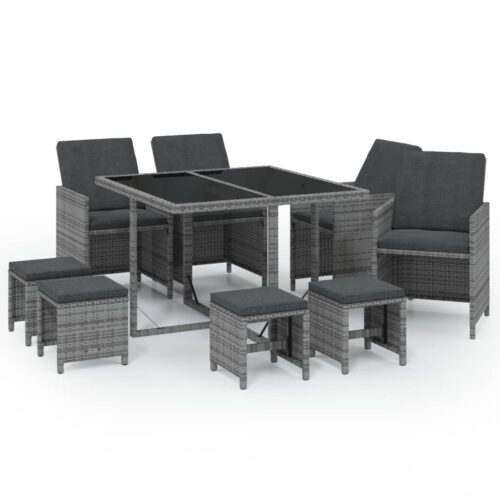 9-Piece Garden Dining Set with Cushions Poly Rattan Wicker Outdoor Patio Furniture Grey