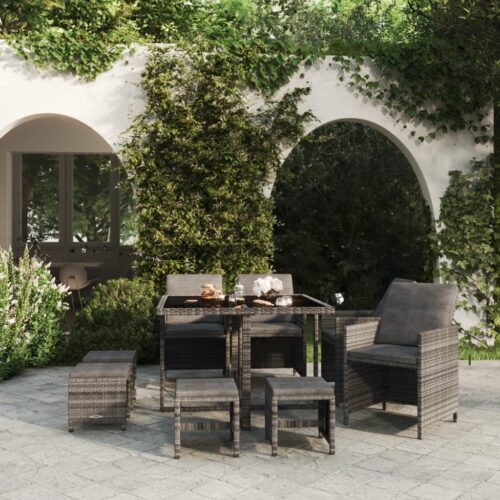 9-Piece Garden Dining Set with Cushions Poly Rattan Wicker Outdoor Patio Furniture Grey - Image 2