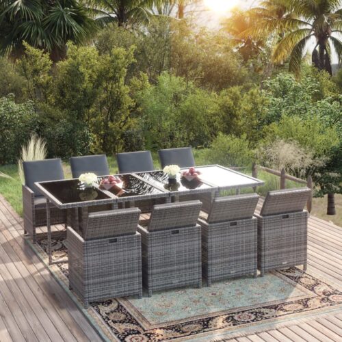 9-Piece Garden Dining Set with Cushions Poly Rattan Wicker Outdoor Patio Furniture Grey - Image 2