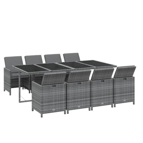 9-Piece Garden Dining Set with Cushions Poly Rattan Wicker Outdoor Patio Furniture Grey - Image 3