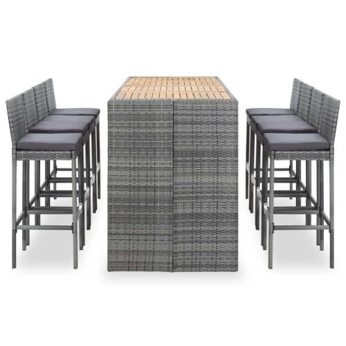9-Piece Outdoor Bar Set Poly Rattan Wicker Outdoor Patio Furniture Acacia Wood Grey - Image 2