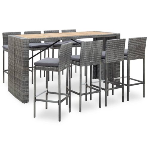 9-Piece Outdoor Bar Set Poly Rattan Wicker Outdoor Patio Furniture Acacia Wood Grey