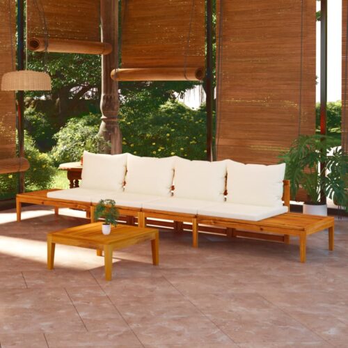 Garden Benches with Cream White Cushions 2pcs Acacia Wood - Image 2