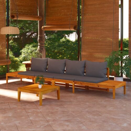 Garden Benches with Dark Grey Cushions 2pcs Acacia Wood - Image 2