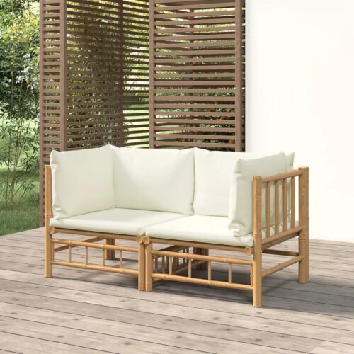 Garden Corner Sofas with Cream White Cushions 2pcs Bamboo - Image 2